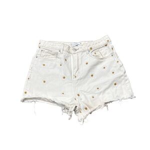 White High-Rise Cut-Off‎ Denim Shorts 11 30 Waist Boho Raw Embroidered Floral